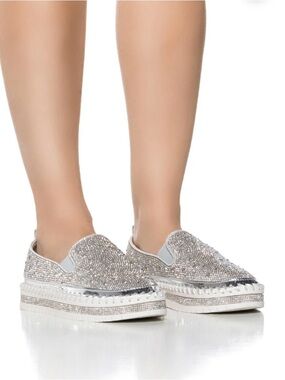 Sparkling Silver Slip-On Platform Sneakers